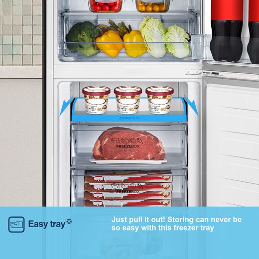 Fridgemaster MC55251D 182cm 50/50 No Frost Fridge Freezer - White - Annotation - Easy tray shot