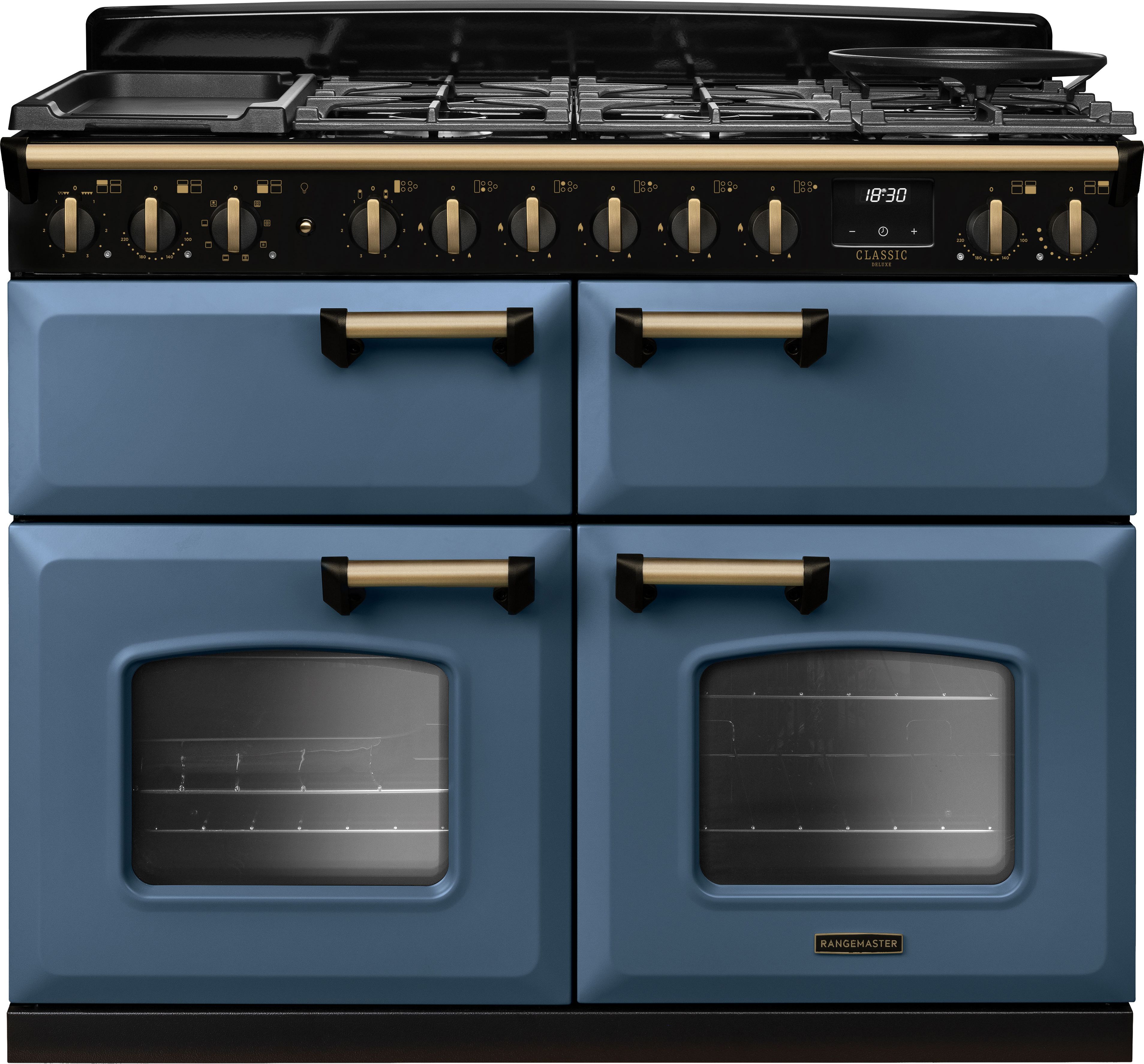 Image of Rangemaster Classic Deluxe 110 CLDLB110DFPSTB/AB1 110cm wide Dual Fuel Range Cooker with Gas Hob - Stone Blue / Antique Brass - A/A/A Rated, Blue