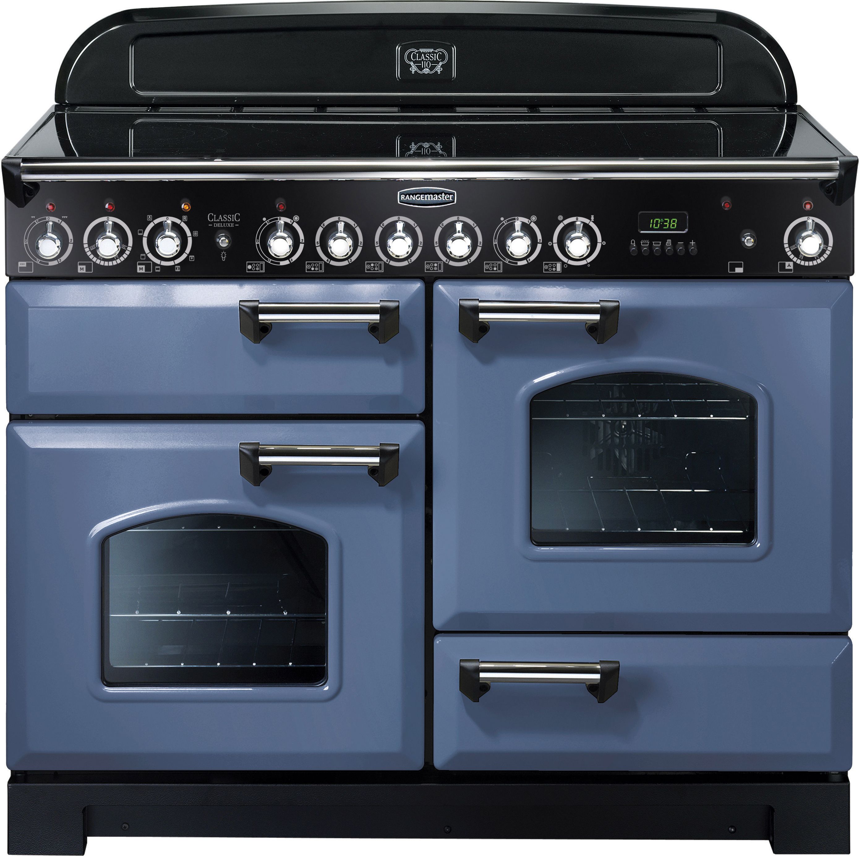 Rangemaster Classic Deluxe CDL110ECSB/C 110cm Electric Range Cooker with Ceramic Hob - Stone Blue / Chrome - A/A Rated, Blue