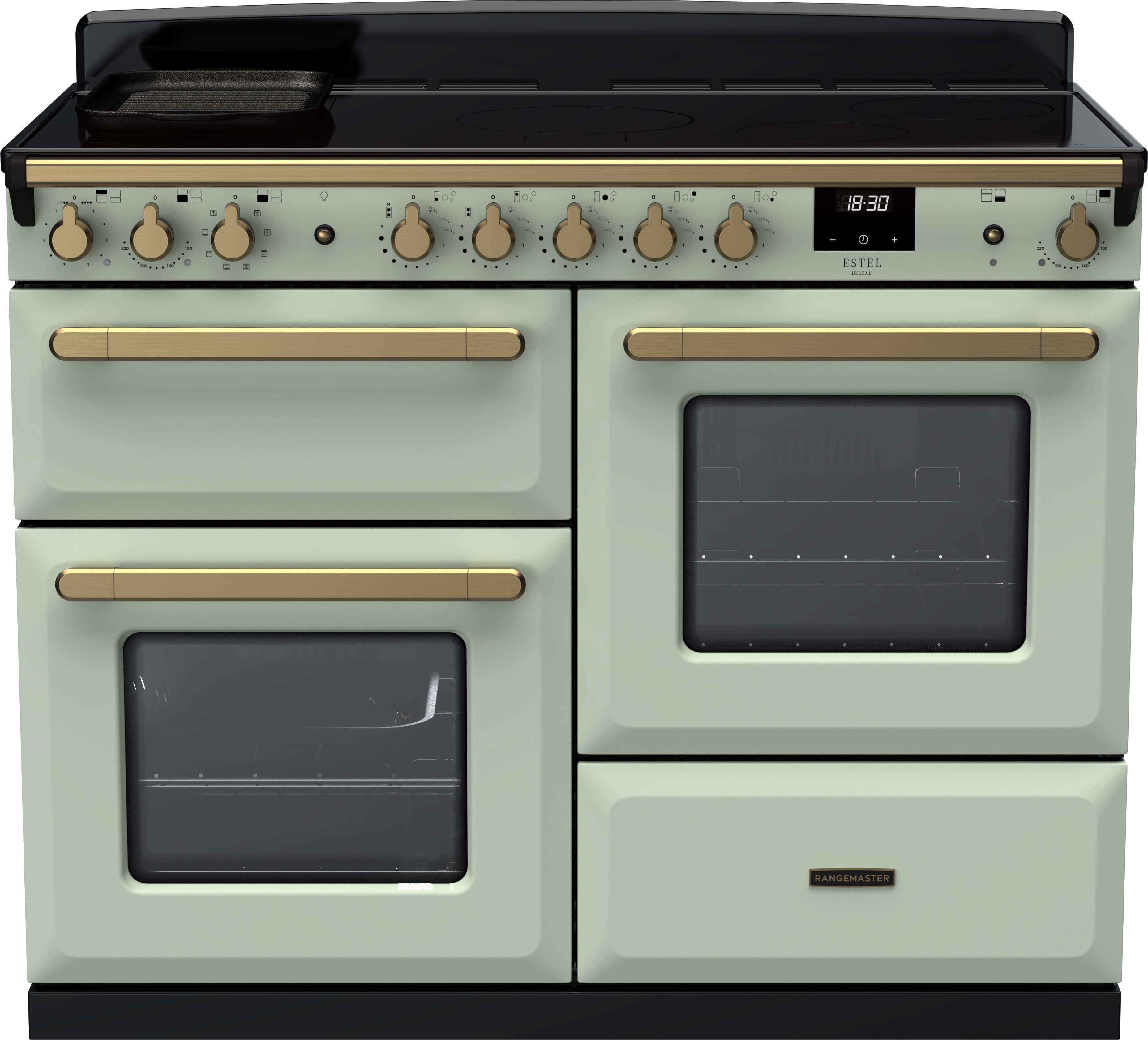 Image of Rangemaster Estel Deluxe ESDLO110EIPMNT/AB1 110cm wide Electric Range Cooker with Induction Hob - Mint / Antique Brass - A Rated, Green
