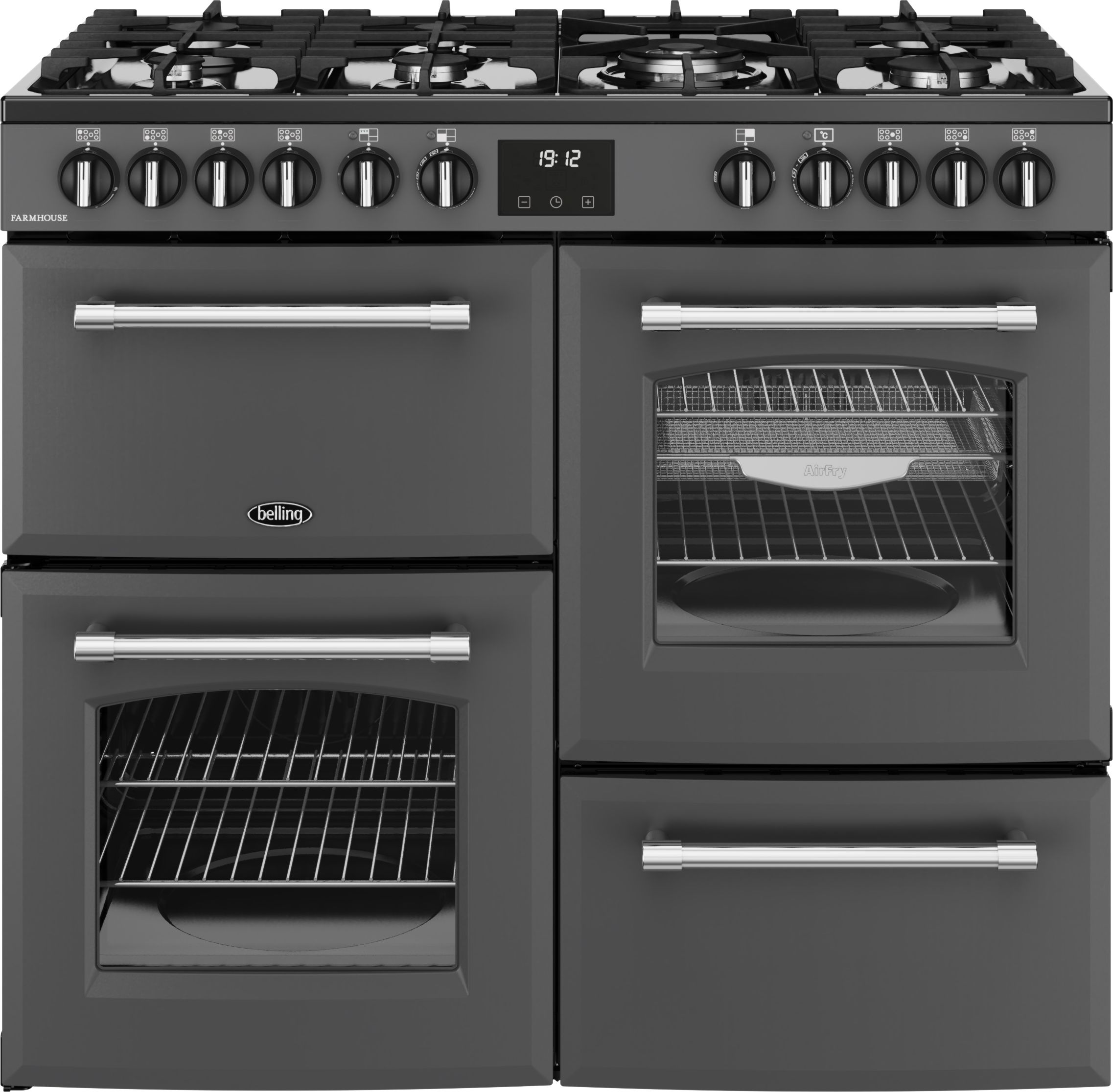 Image of Belling Farmhouse 100DF 100cm wide Dual Fuel Range Cooker with Gas Hob - Anthracite - A Rated, Grey