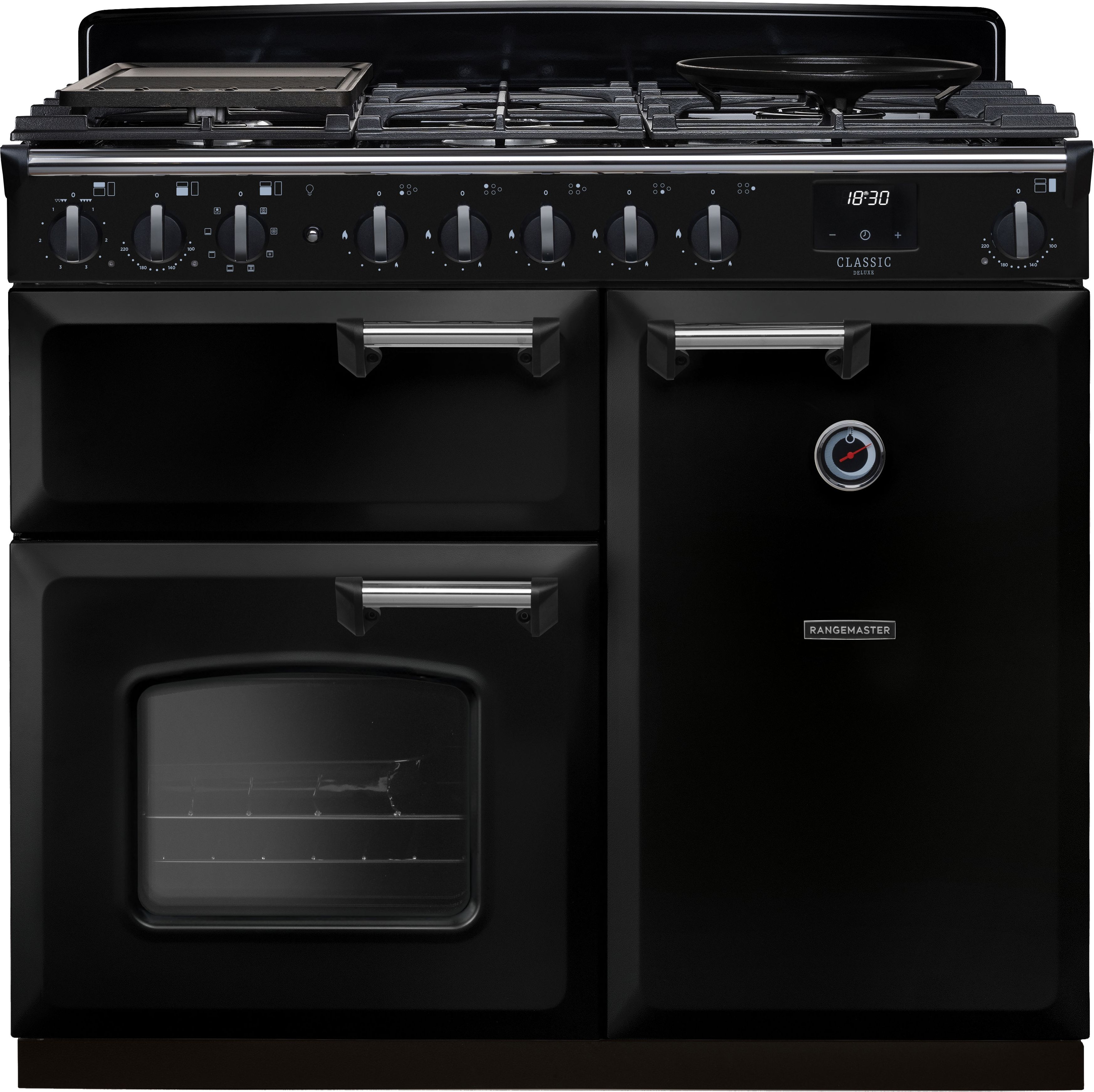 Image of Rangemaster Classic Deluxe 100 Dual Fuel CLDL100DFPGBL/CM1 100cm wide Dual Fuel Range Cooker with Gas Hob - Black / Chrome - A/A Rated, Black