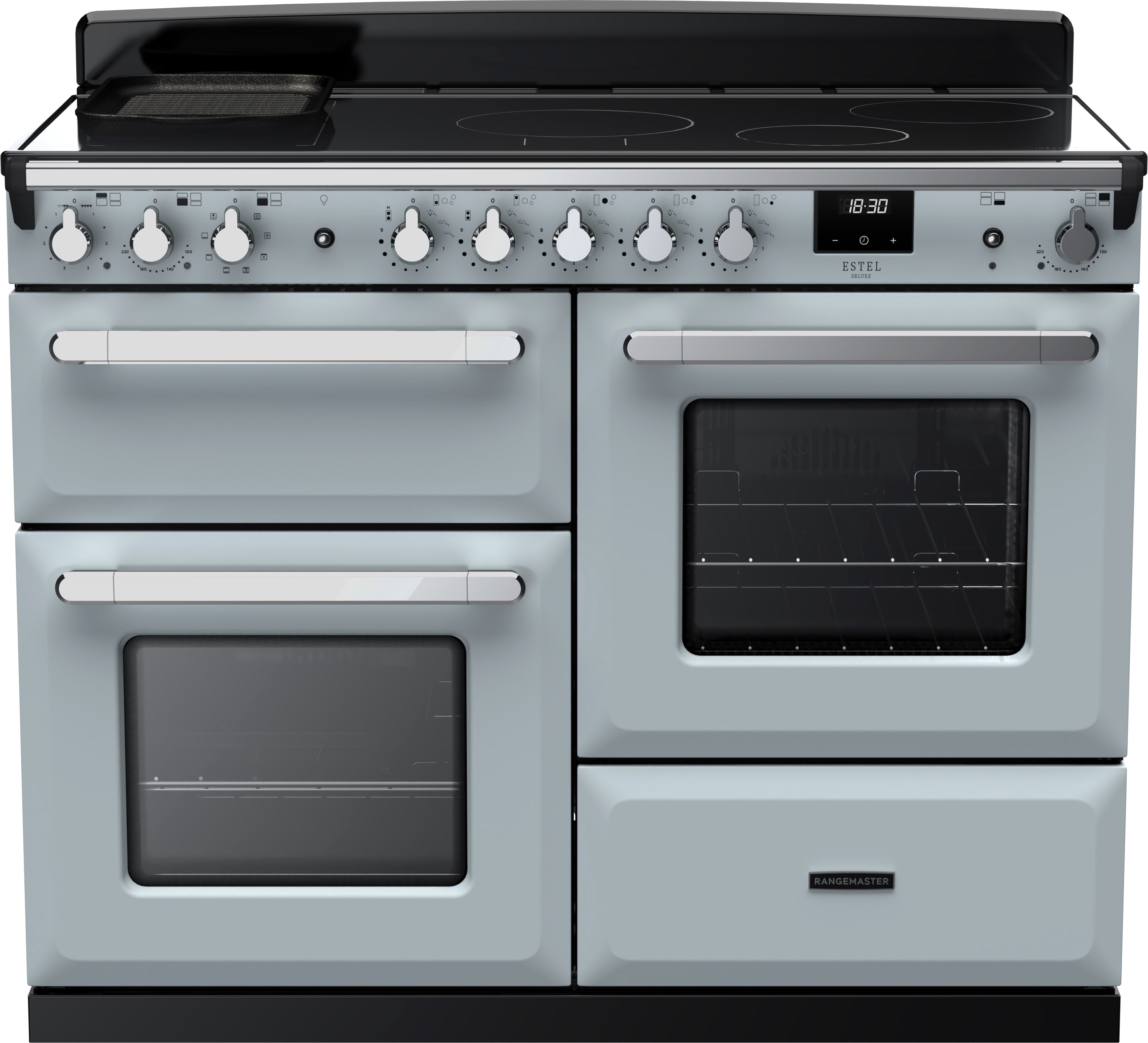 Image of Rangemaster Estel Deluxe ESDLO110EIPMSB/CM1 110cm wide Electric Range Cooker with Induction Hob - Misty Blue / Chrome - A Rated, Blue