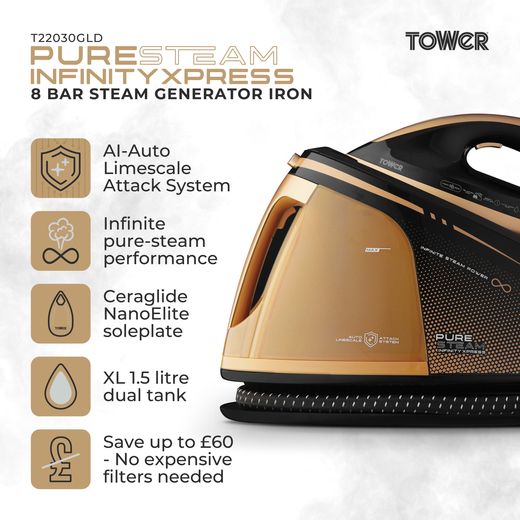 Tower PureSteam Infinity Xpress Steam Generator Iron - Black / Gold - Annotation - Features