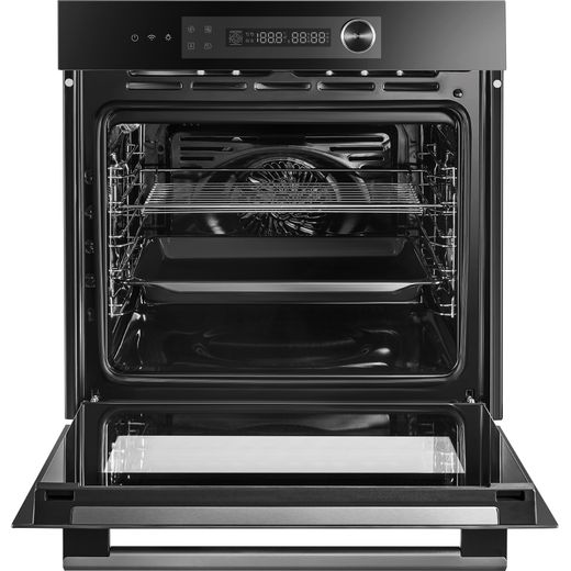 Midea Xpress Fry MBO7NM30E4-BK Wifi Connected Built In Electric Single Oven - Black - front with door open shot 