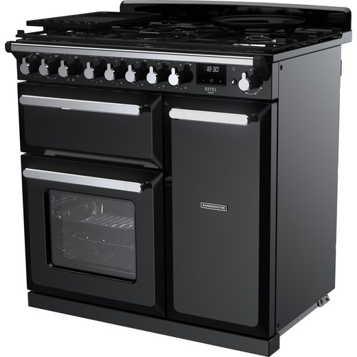 Rangemaster Estel Deluxe Dual Fuel Range Cooker - Black / Chrome - Left perspective shot