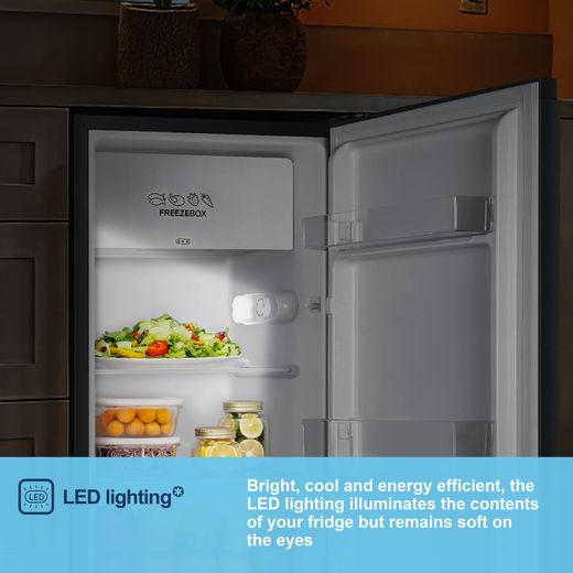 Fridgemaster MUR4894ES Compact 84cm Fridge with Ice Box - Stainless Steel - Annotation - LED lighting shot