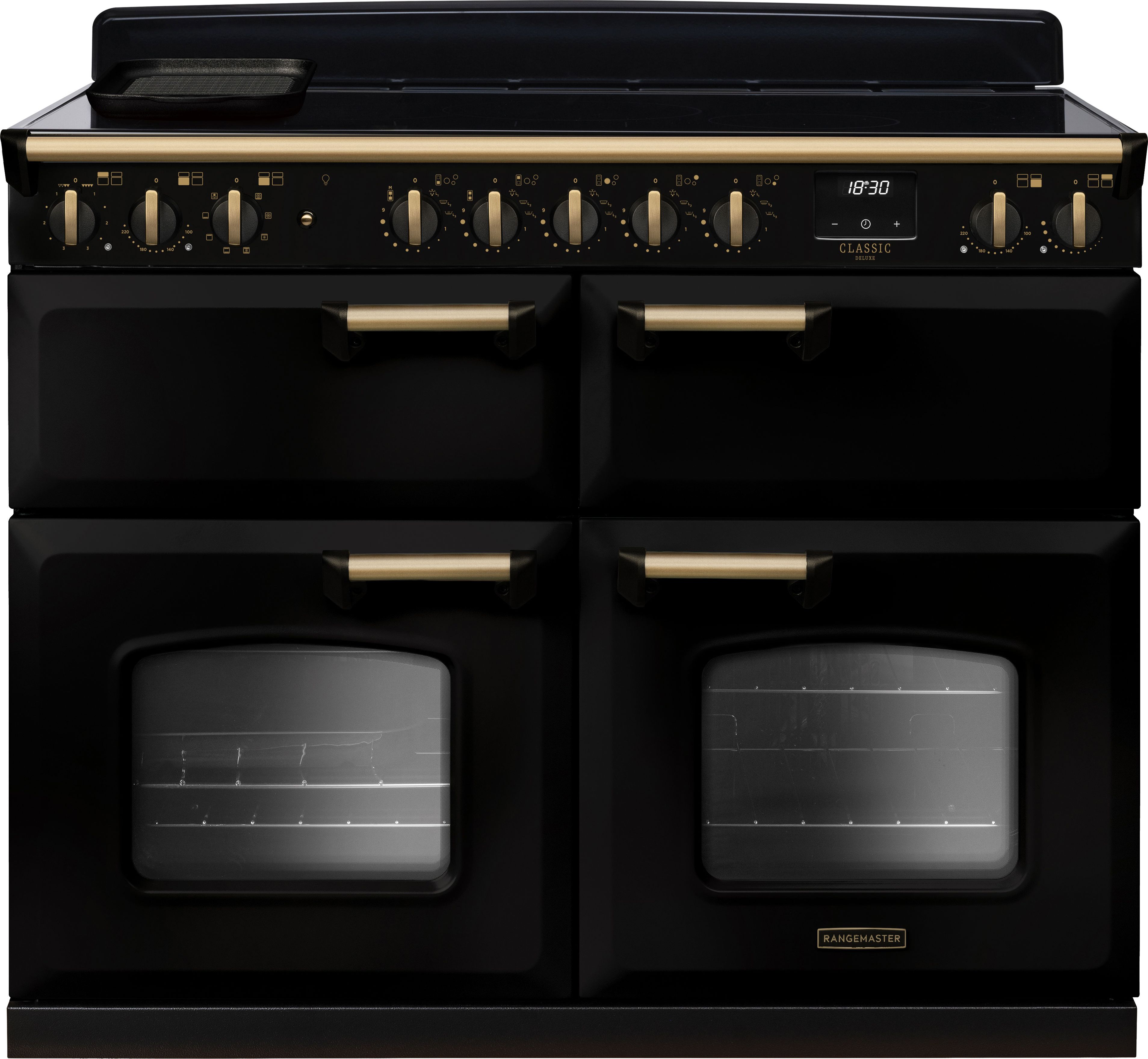 Image of Rangemaster Classic Deluxe BC CLDLB110EIPGBL/AB1 110cm wide Electric Range Cooker with Induction Hob - Black / Antique Brass - A/A Rated, Black