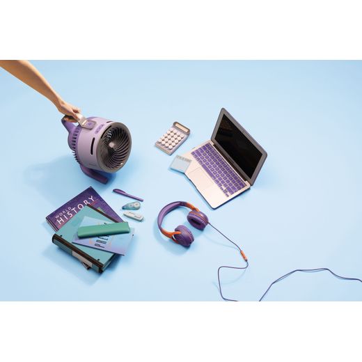 Shark FlexBreeze HydroGo Misting Fan - FA050UKLV - Lavender - Fan next to laptop