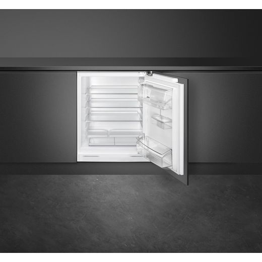 Smeg UKU8L080DE Integrated Under Counter Fridge - Fixed Door Fixing Kit - White - Door open in grey room