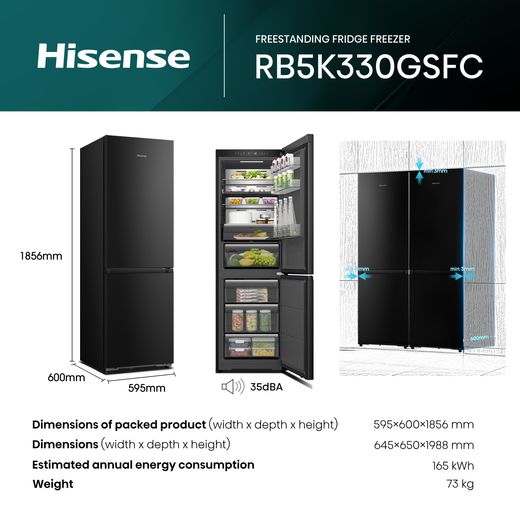 Hisense KitchenFit Eclipse Series 60/40 Total No Frost Fridge Freezer - Black / Stainless Steel - Annotation - Dimension  shot