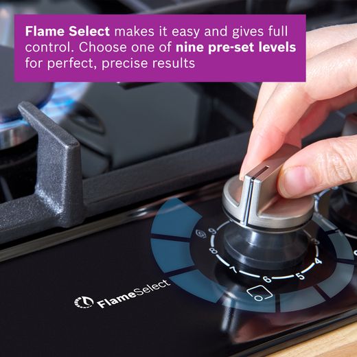 Bosch Series 6 PPQ7A6I40 75cm Gas Hob - Black - annotation -  flame select  shot