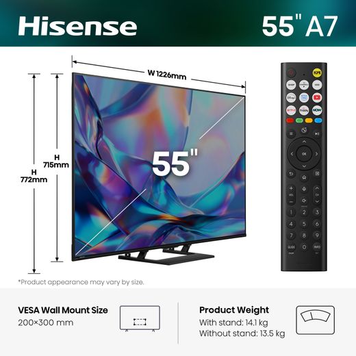 Hisense 55" 4K Ultra HD QLED Smart Freely TV [2026] - Dimensions