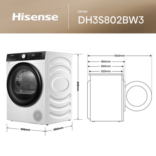 DH3S802BW3_14Hisense 3S Series DH3S802BW3 Wifi Connected 8Kg Heat Pump Tumble Dryer - White - Dimensions