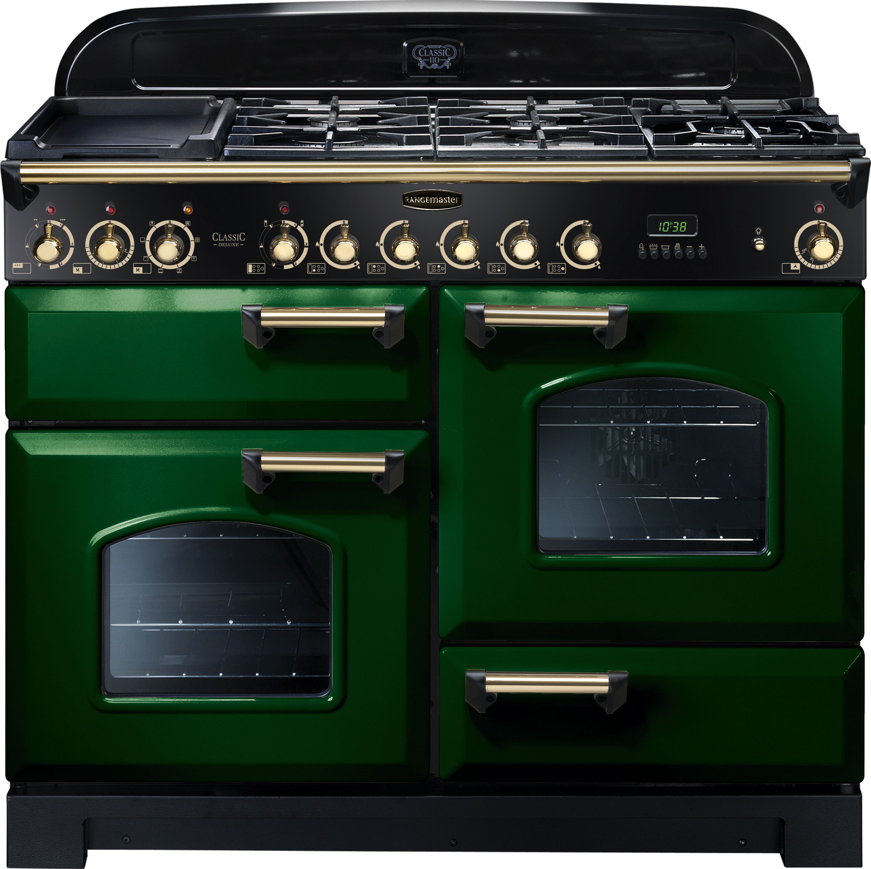 Rangemaster Classic Deluxe CDL110DFFRG/B 110cm Dual Fuel Range Cooker - Racing Green / Brass - A/A Rated, Green