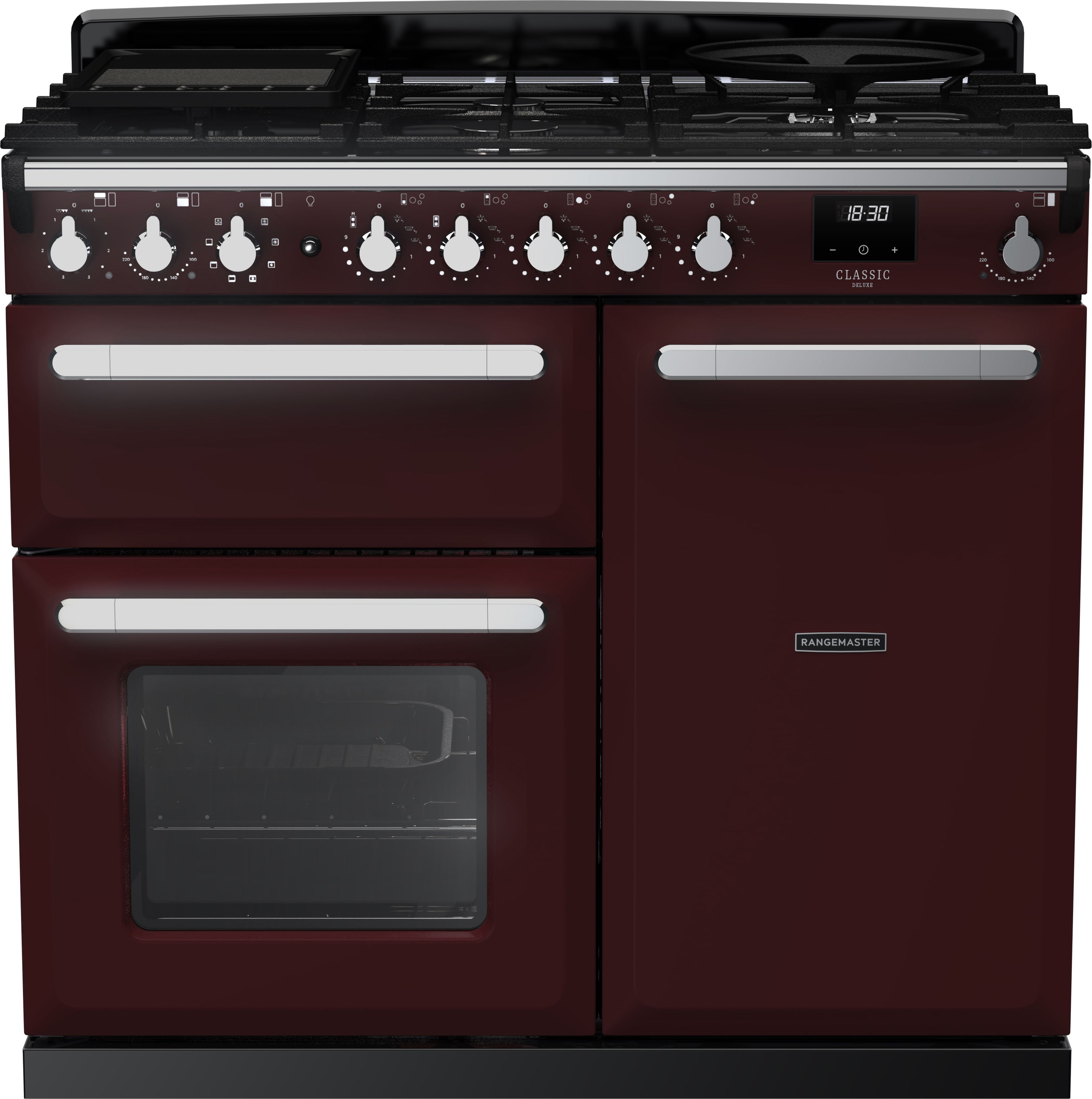 Image of Rangemaster Estel Deluxe ESDL100DFPBOR/CM1 100cm wide Dual Fuel Range Cooker with Gas Hob - Bordeaux / Chrome - A/A Rated, Red