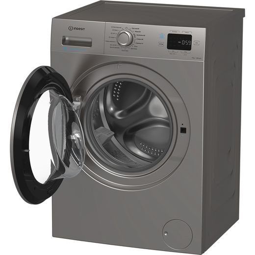 Indesit IP 846S PUSH&GO UK 8kg Washing Machine with 1400 rpm - Silver - Left perspective with door open shot