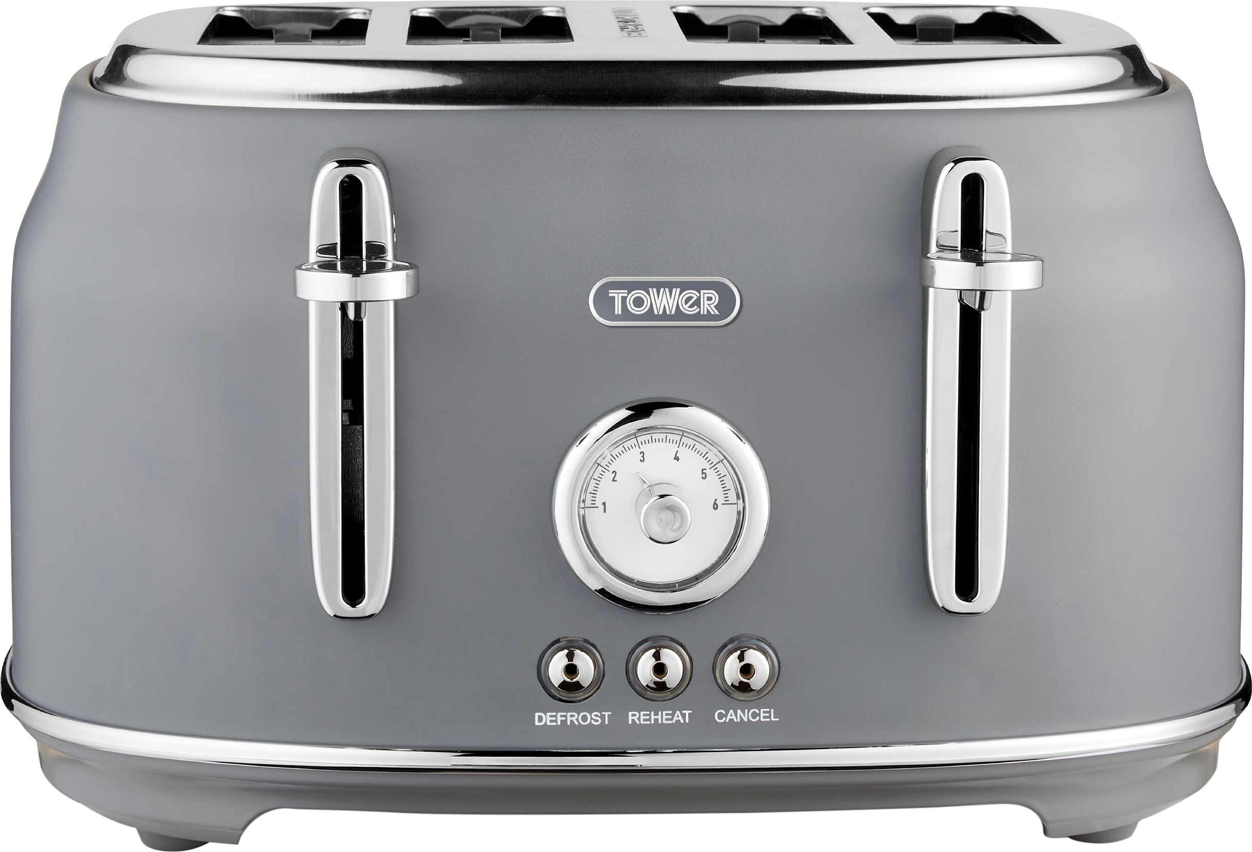 Tower 4 Slice Toaster - Grey - Reheat, Defrost, Variable Browning