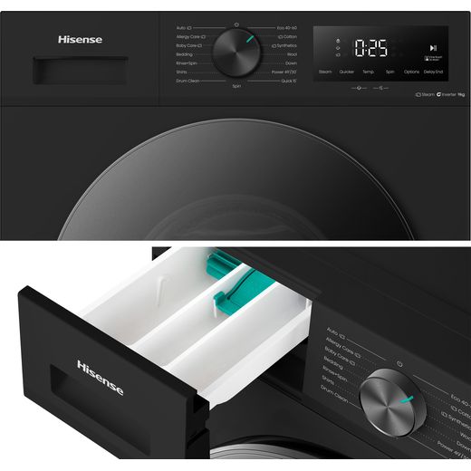 Hisense 1i Series WF1I9042BBP2 9kg Washing Machine with 1400 rpm - Black - close up of dial and dispenser drawer
