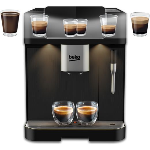 Beko CEG7302B Bean to Cup Coffee Machine - Silver Glass - Front with mug types shot 