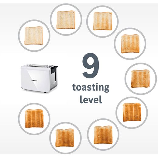 Bosch Styline TAT8611NGB 2 Slice Toaster - White - Annotation - 9 toasting level shot