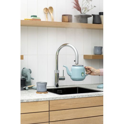 Quooker FXRCHRBUN1 Boiling Water Tap Chrome - Person filling up tea pot shot