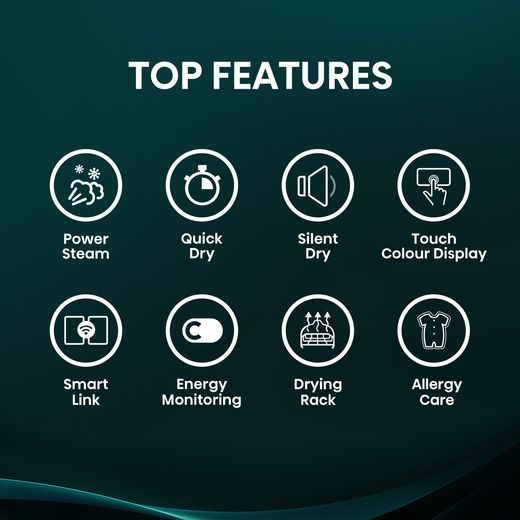 Hisense 5i Series DH5I104BWAB Wifi Connected 10Kg Heat Pump Tumble Dryer - White - Annotation - Top features shot