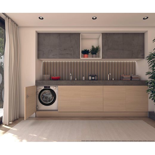 Hoover HBWS 494DMBW5-80 Integrated 9kg Washing Machine with 1400 rpm - White - Washing machine in kitchen shot 