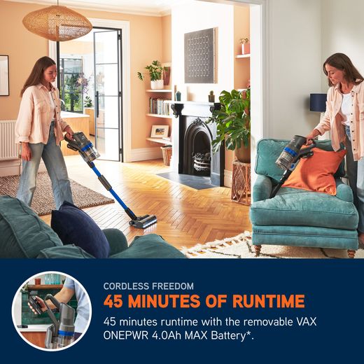 Vax HomePro Pet Cordless Vacuum Cleaner with up to 45 Minutes Run Time - Graphite / Blue - Annotation - 45 min runtime shot