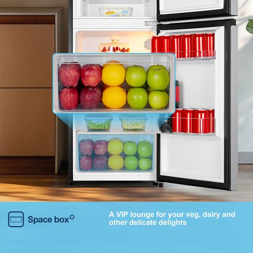 Fridgemaster MTM48120ES 117cm 80/20 Small Fridge Freezer - Silver  - Annotation - Space box shot