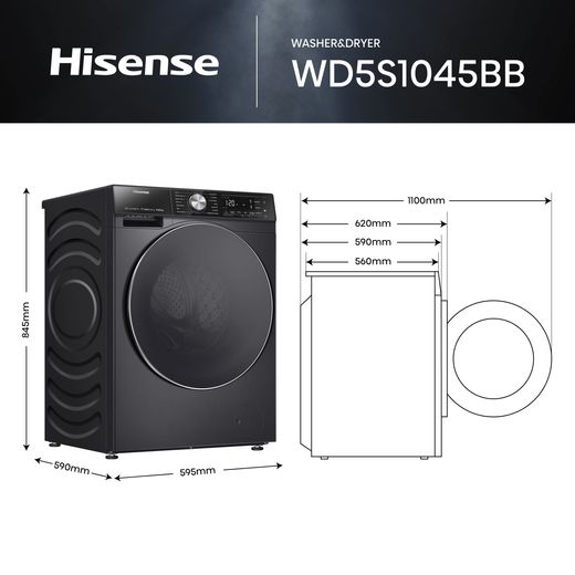 Hisense 5S Series 10.5Kg / 6Kg Washer Dryer - Black - Annotation - Dimension shot