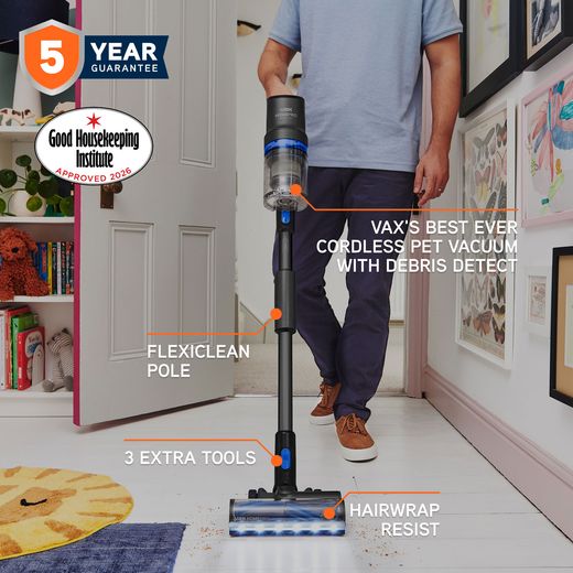 Vax HomePro Detect Pet Cordless Vacuum Cleaner with up to 45 Minutes Run Time - Blue / Graphite - annotation - good house keeping