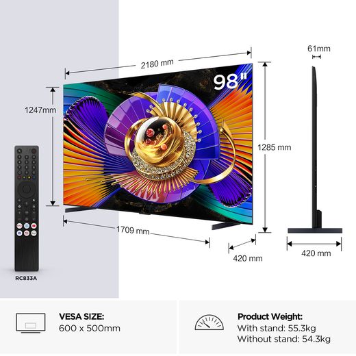 TCL 98" 4K Ultra HD SQD-Mini LED Smart Google TV [2026] - 98C7L-UK - annotation - dimensions