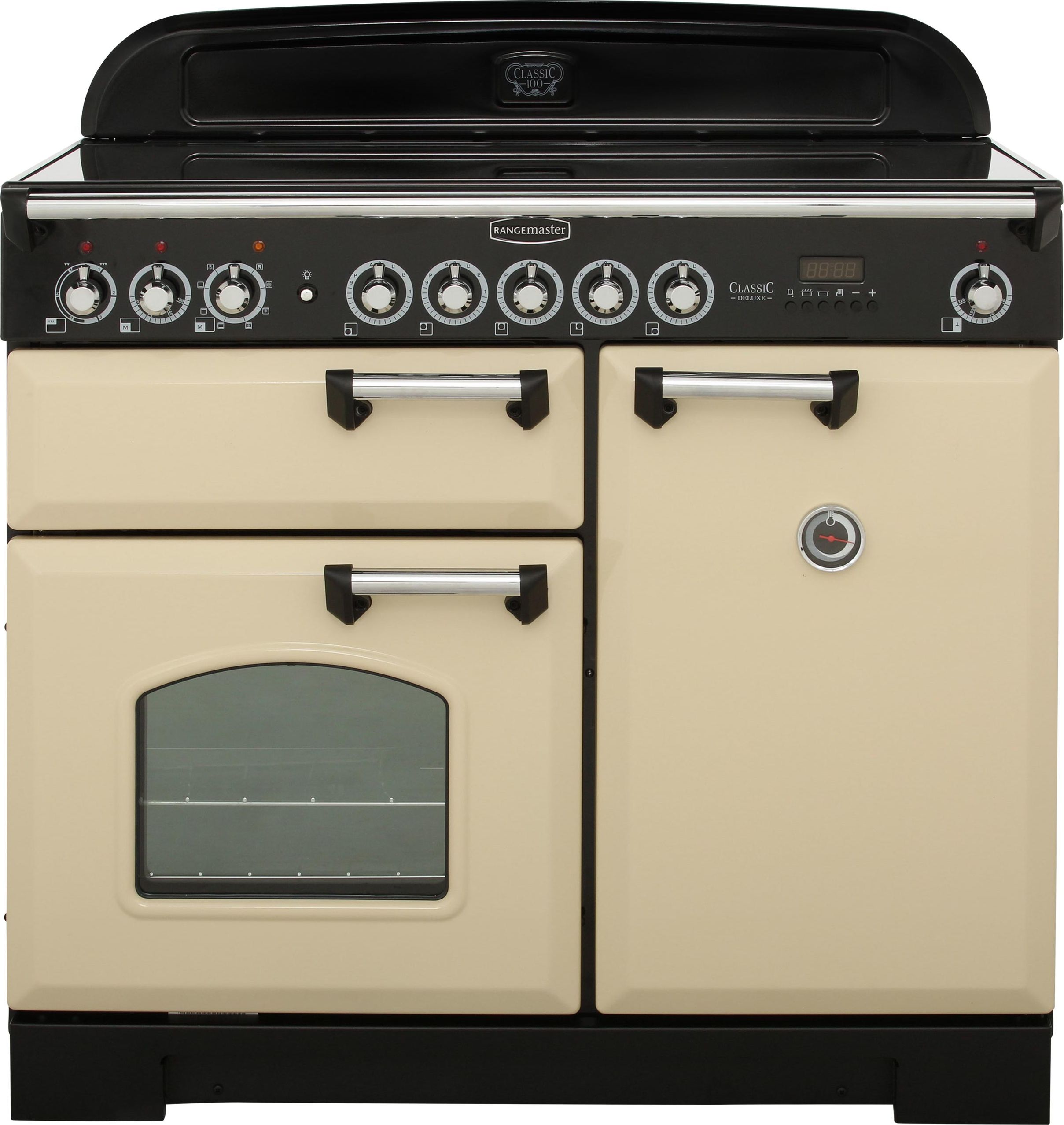 Rangemaster Classic Deluxe CDL100EICR/C 100cm Electric Range Cooker with Induction Hob - Cream / Chrome - A/A Rated, Cream