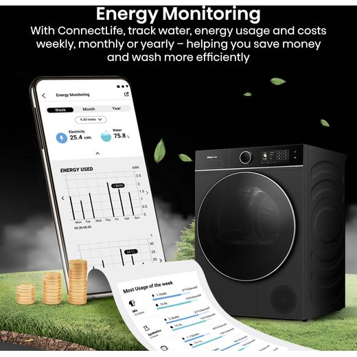 Hisense DH5I104BBAB Wifi Connected Heat Pump Tumble Dryer - Black - Annotation - Energy monitoring