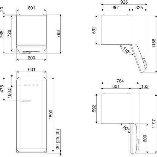 Smeg Right Hand Hinge FAB28RPK6 153cm High Small Fridge with Ice Box - Pink - Annotation - Dimension shot