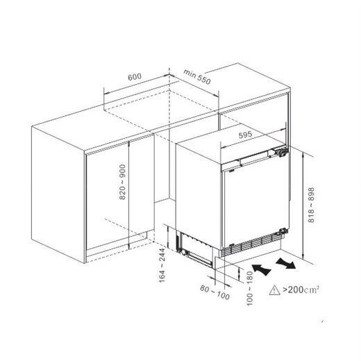 Fridgemaster MBUR60121E Integrated Under Counter Fridge with Ice Box - Fixed Door Fixing Kit - White - Dimensions