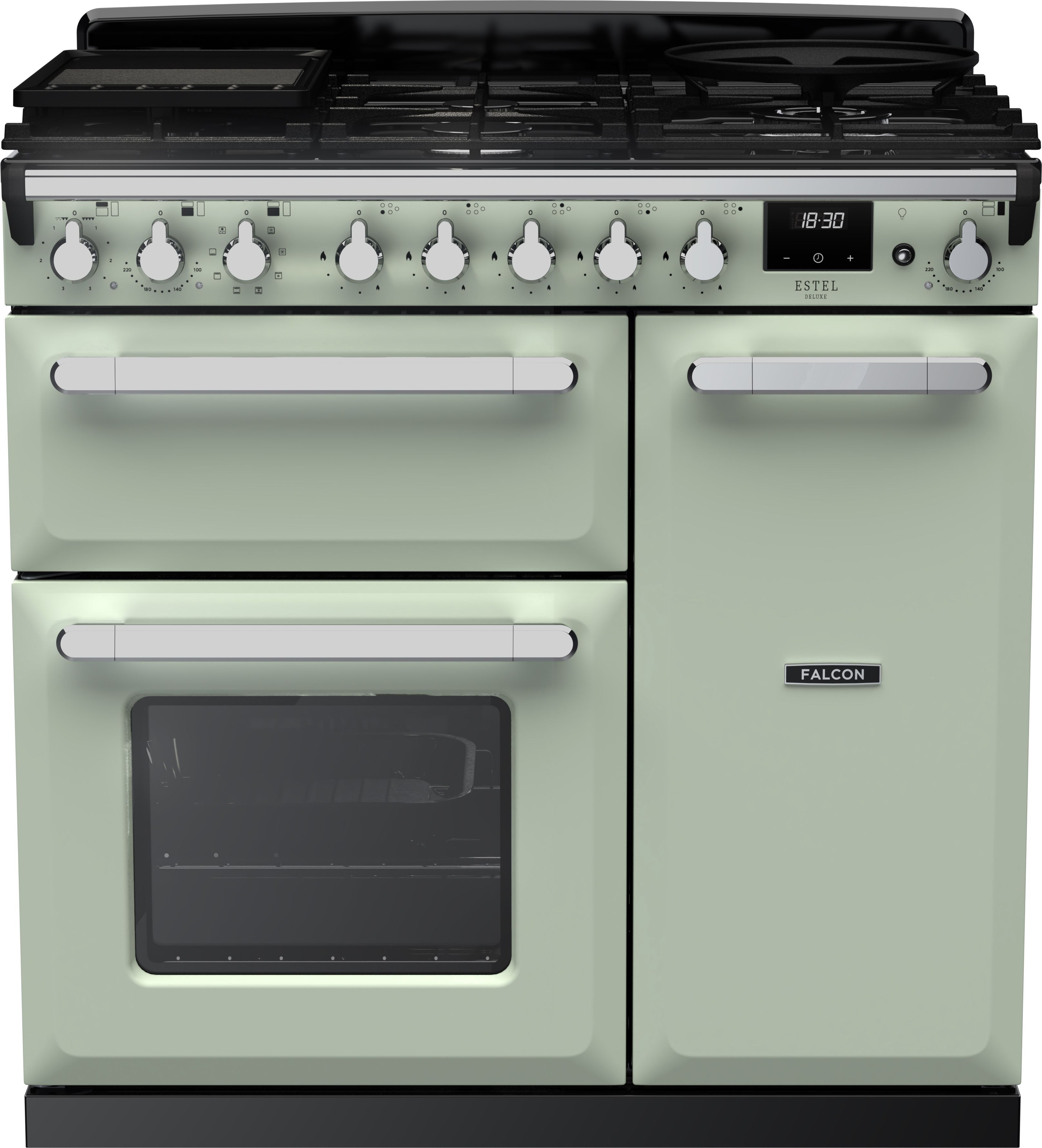 Image of Rangemaster Estel Deluxe ESDL90DFPMNT/CM1 90cm wide Dual Fuel Range Cooker with Gas Hob - Mint / Chrome - A/A Rated, Green