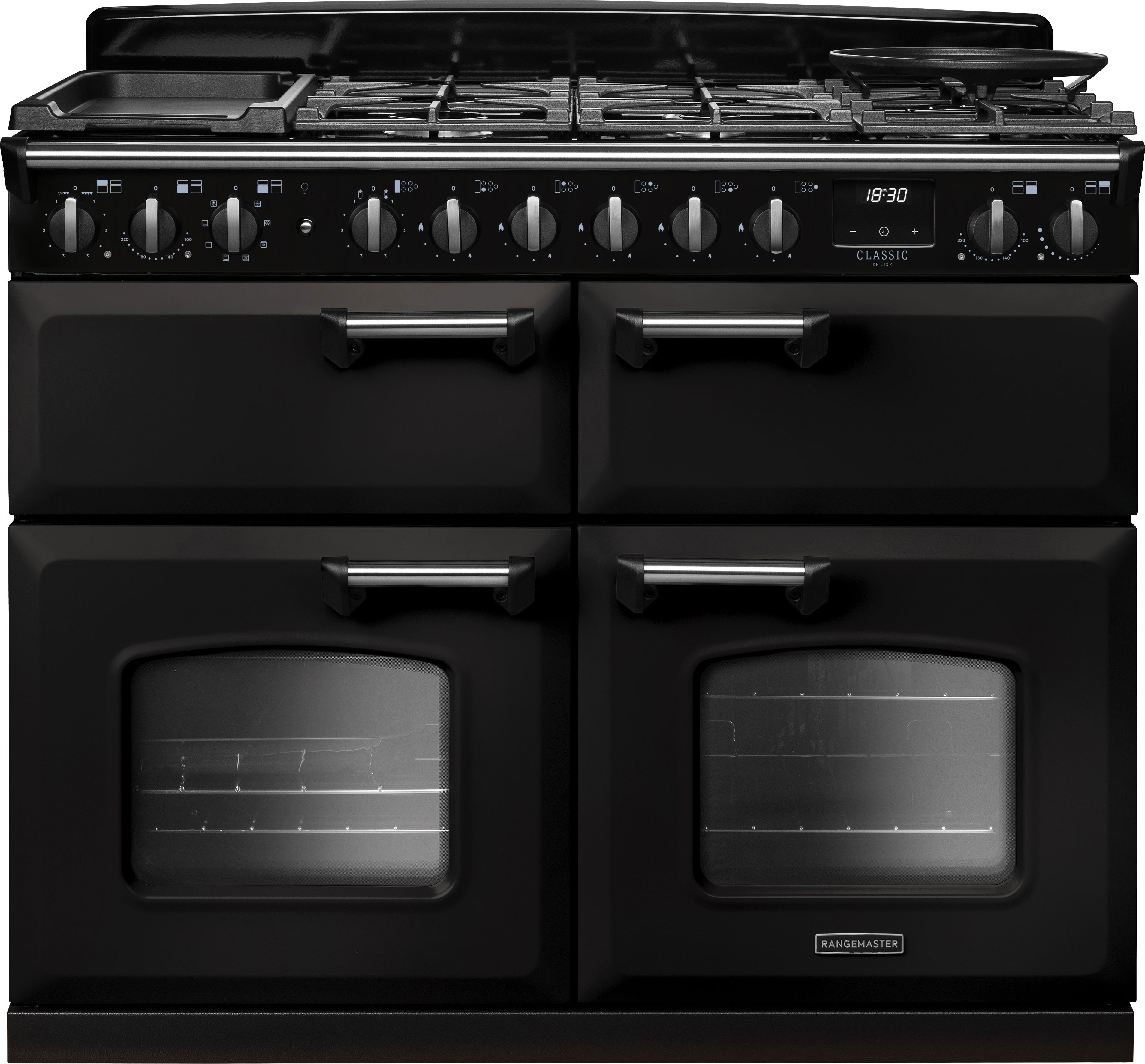 Image of Rangemaster Classic Deluxe CLDLB110DFPCBL/CM1 110cm wide Dual Fuel Range Cooker with Gas Hob - Charcoal Black / Chrome - A Rated, Black