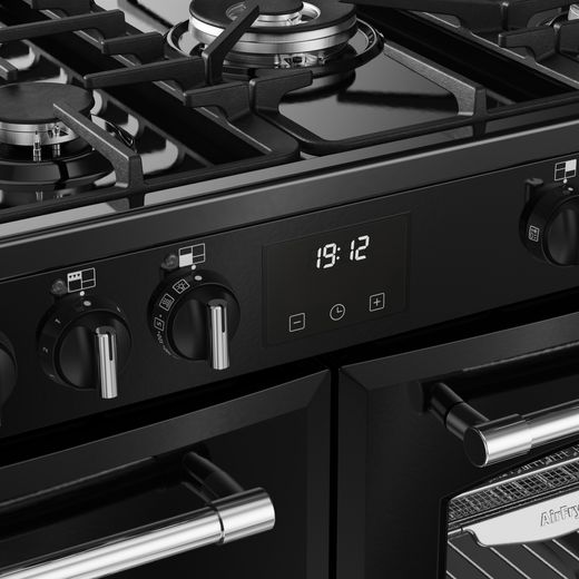 Belling FARMHOUSE 100DF Dual Fuel Range Cooker - Black / Antique Brass - Control dials and digital display