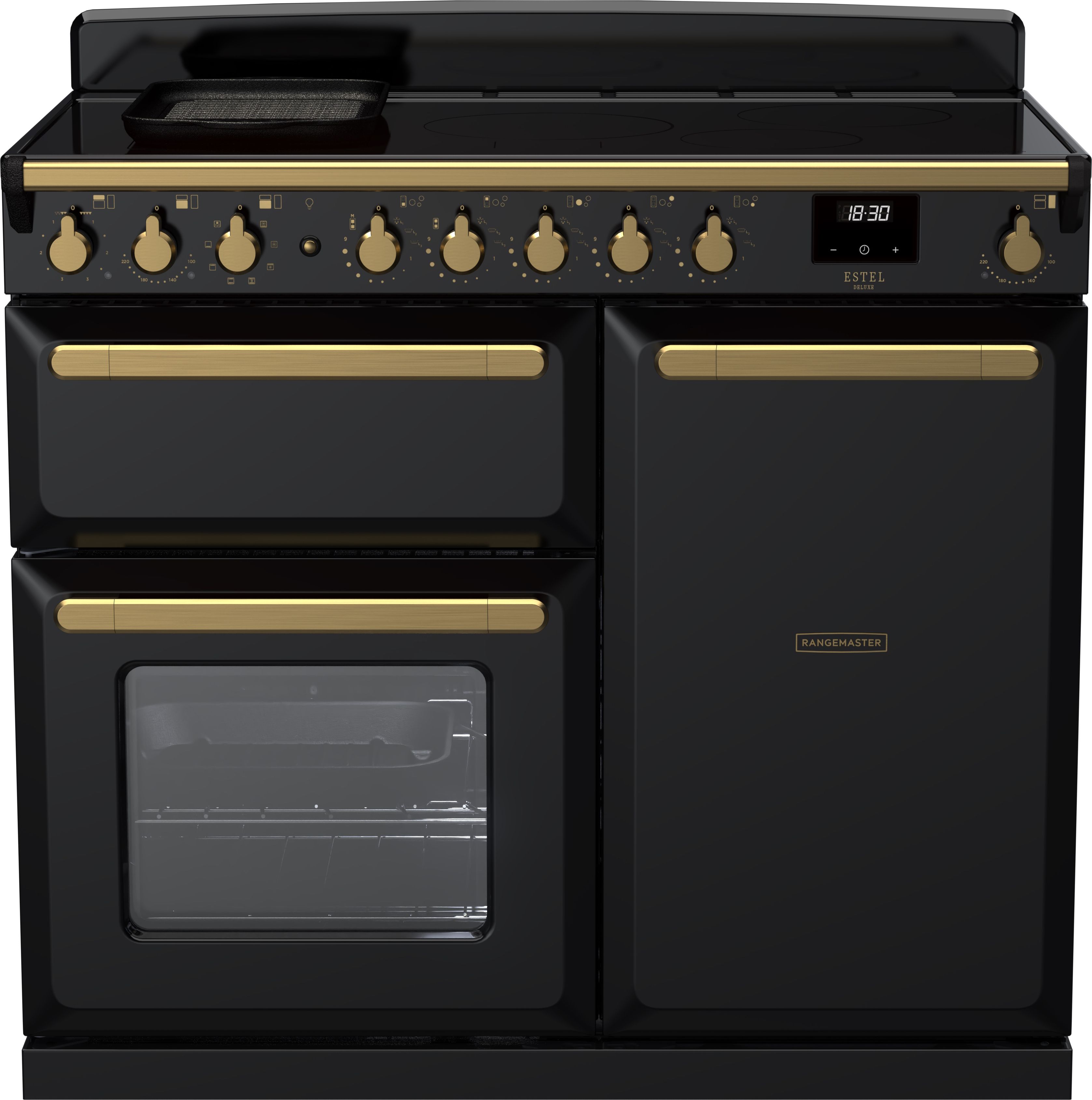 Image of Rangemaster Estel Deluxe ESDL100EIPGBL/AB1 100cm wide Electric Range Cooker with Induction Hob - Black / Antique Brass - A/A Rated, Black