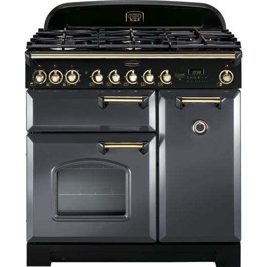 Rangemaster Classic Deluxe CDL90DFFSL/B 90cm Dual Fuel Range Cooker - Slate Grey / Brass - A/A Rated