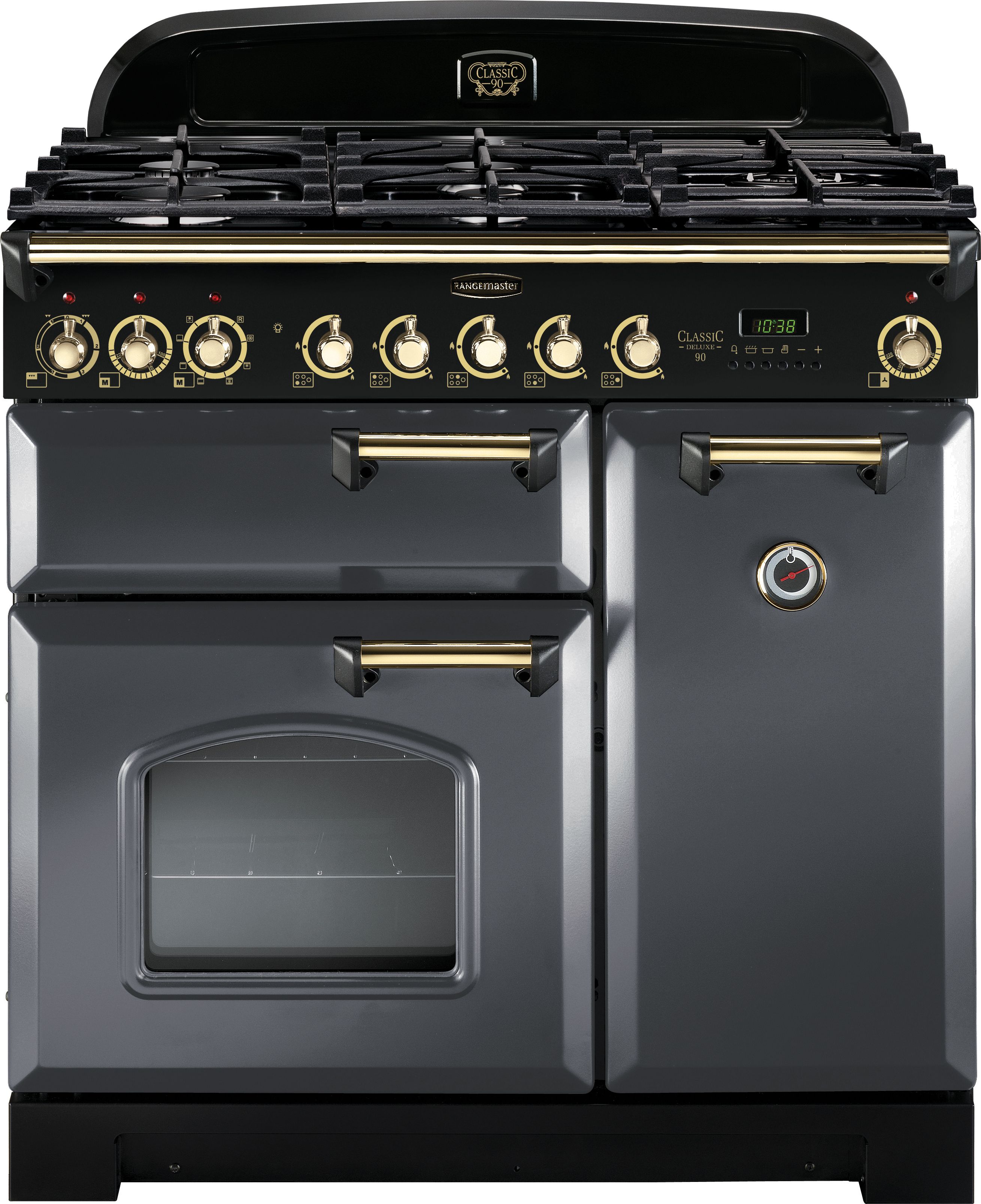 Rangemaster Classic Deluxe CDL90DFFSL/B 90cm Dual Fuel Range Cooker - Slate Grey / Brass - A/A Rated, Grey