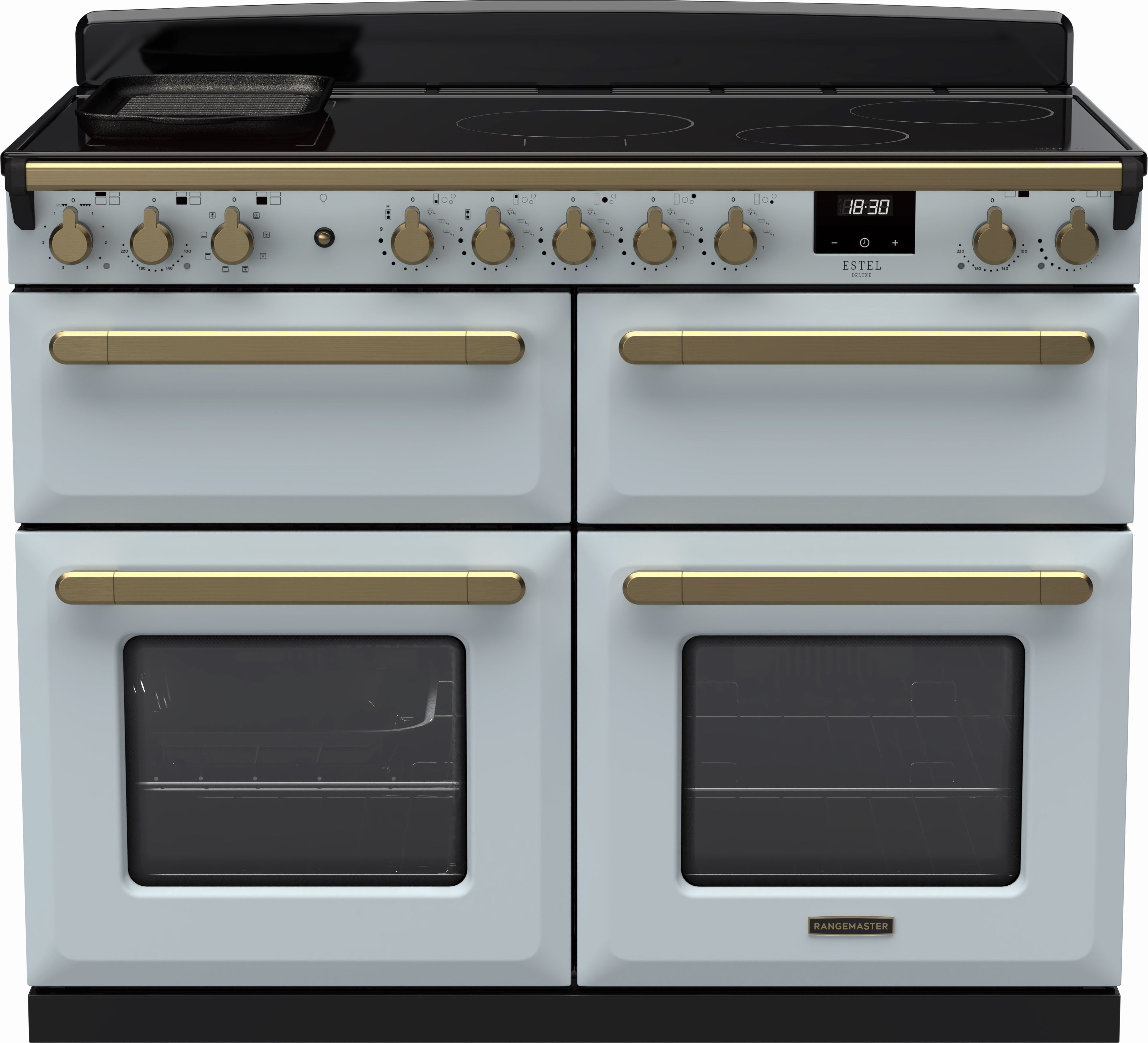 Image of Rangemaster Estel Deluxe ESDLB110EIPMSB/AB1 110cm wide Electric Range Cooker with Induction Hob - Misty Blue / Antique Brass - A Rated, Blue