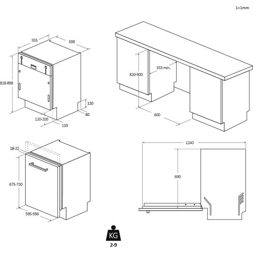 Hoover Integrated Standard Dishwasher - Titan Silver - Dimensions