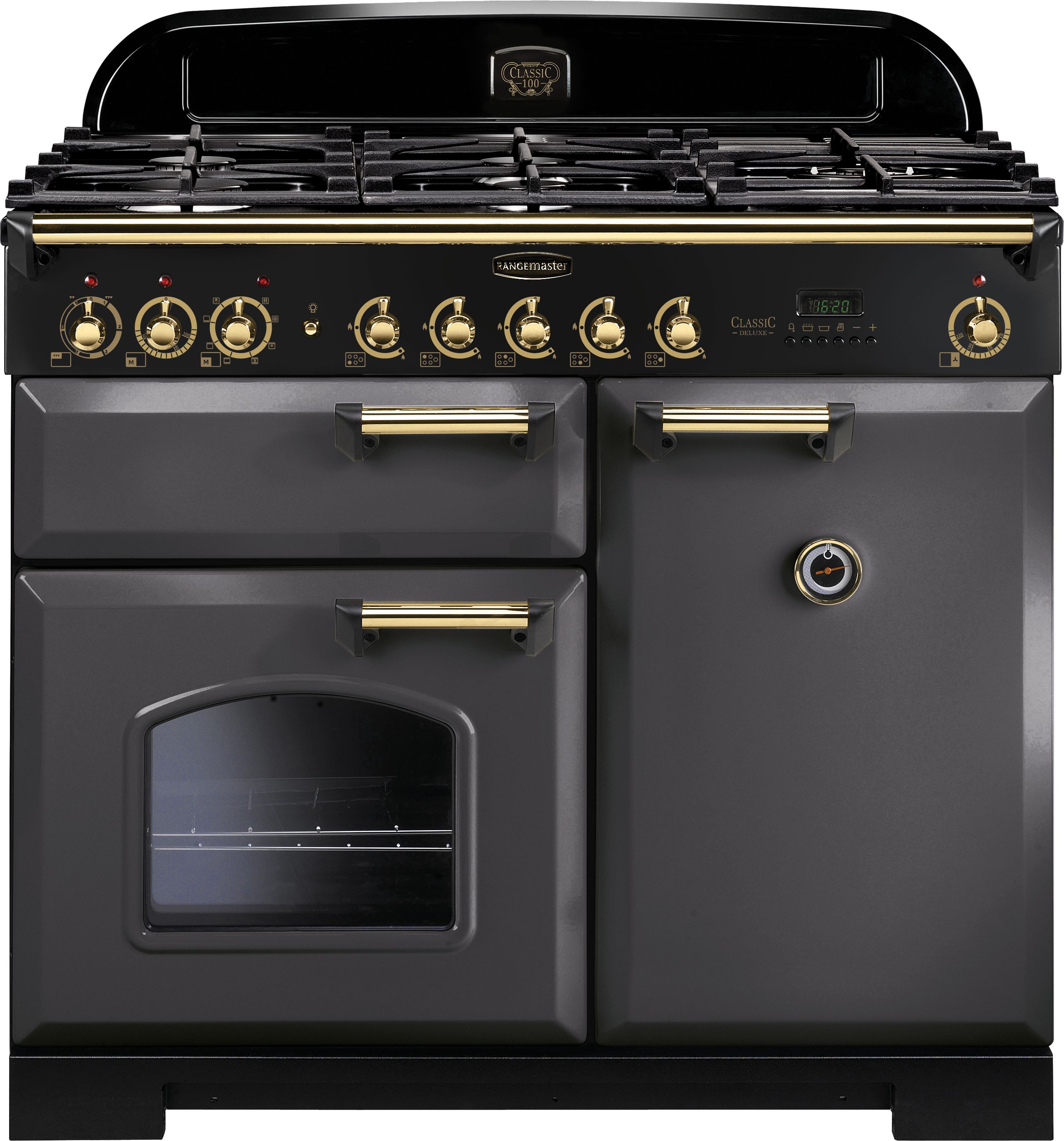Rangemaster Classic Deluxe CDL100DFFSL/B 100cm Dual Fuel Range Cooker - Slate / Brass - A/A Rated, Grey