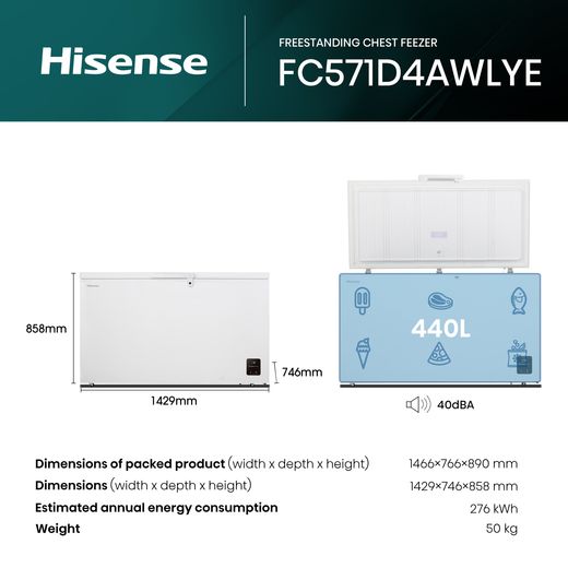 Hisense Chest Freezer - White - Annotation - Dimension shot 