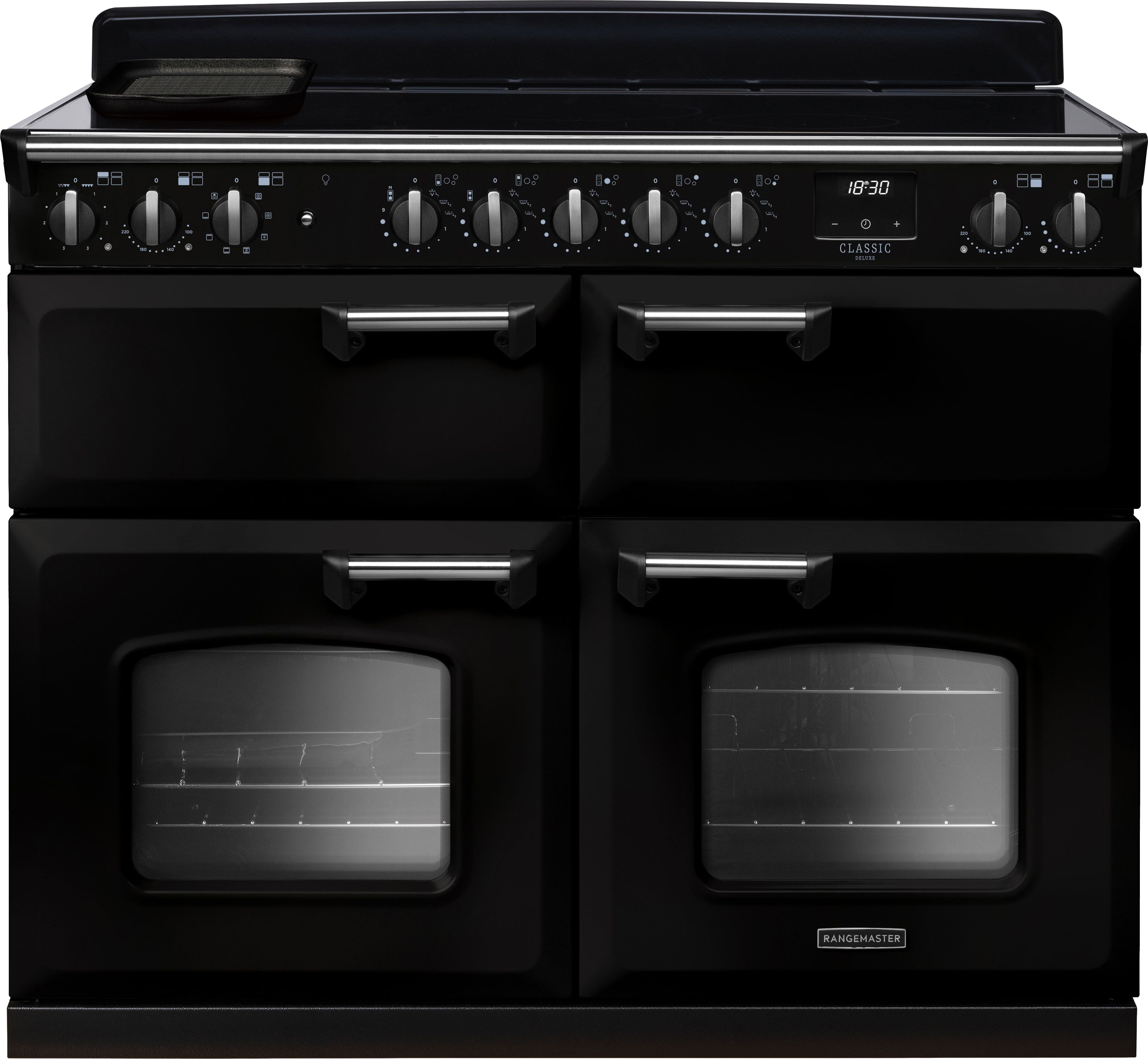 Image of Rangemaster Classic Deluxe BC CLDLB110EIPGBL/CM1 110cm wide Electric Range Cooker with Induction Hob - Black / Chrome - A/A Rated, Black