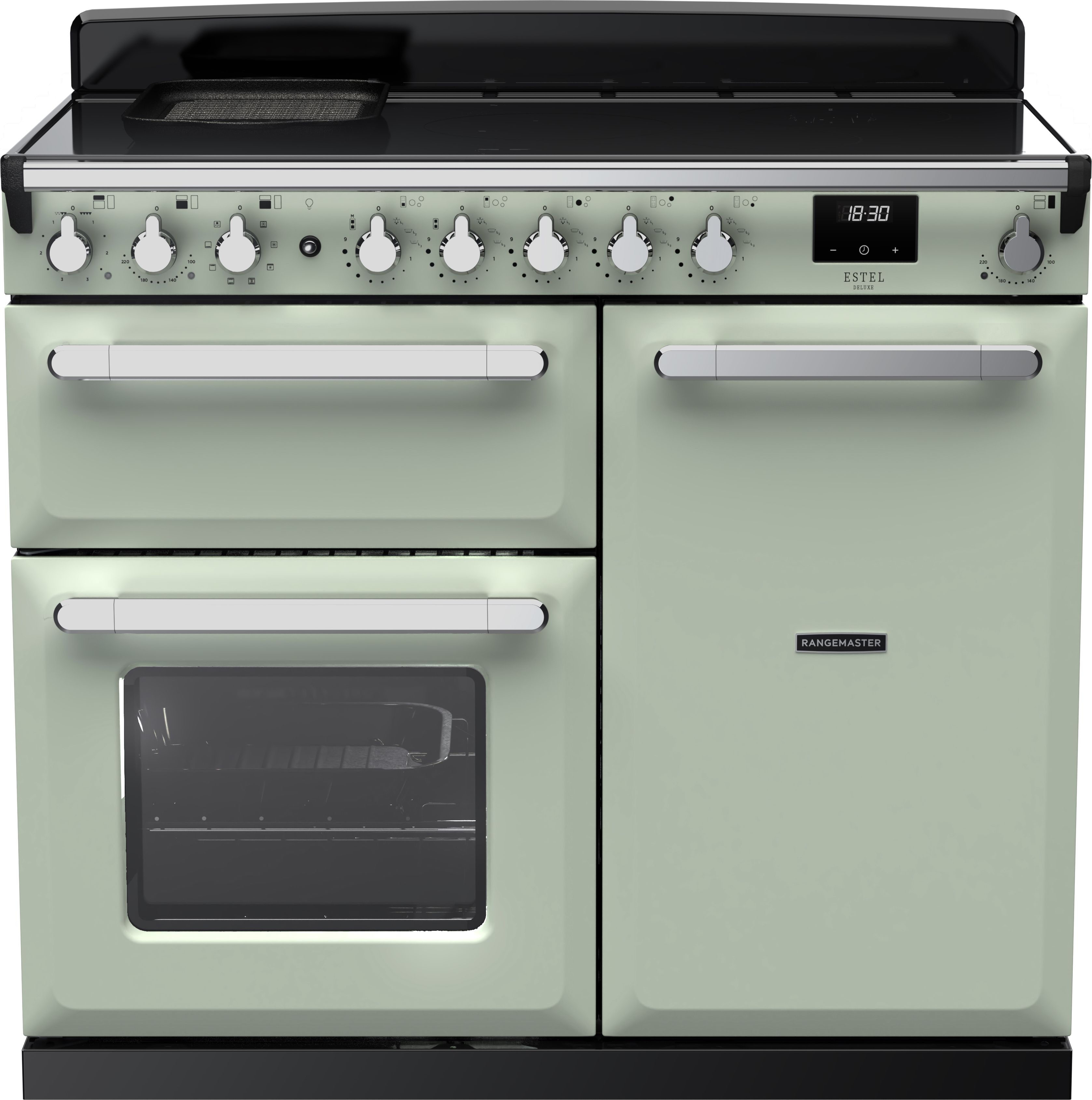 Image of Rangemaster Estel Deluxe ESDL100EIPMNT/CM1 100cm wide Electric Range Cooker with Induction Hob - Mint / Chrome - A/A Rated, Green