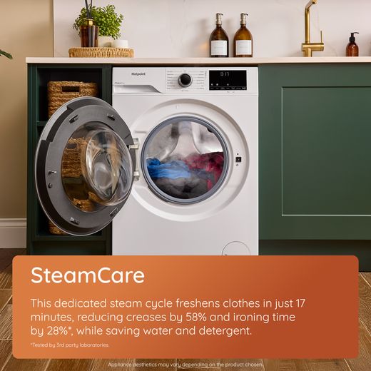 Hotpoint Fabric Care HB123WWCAREUK 12kg WiFi Connected Washing Machine with 1400 rpm - White - annotation - steam care shot